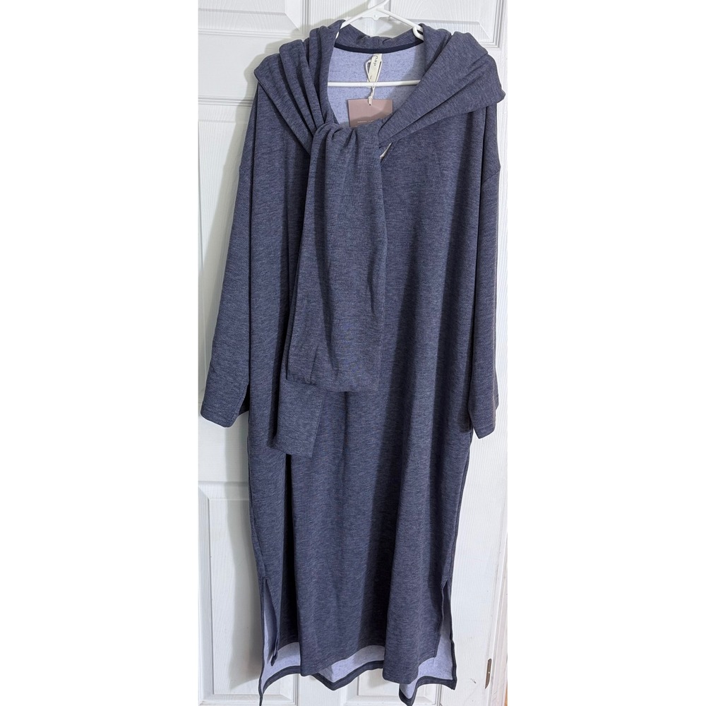 Nap Loungewear Maxi Sweatshirt Dress XL Blue Heathered Hooded Scarf Neck
